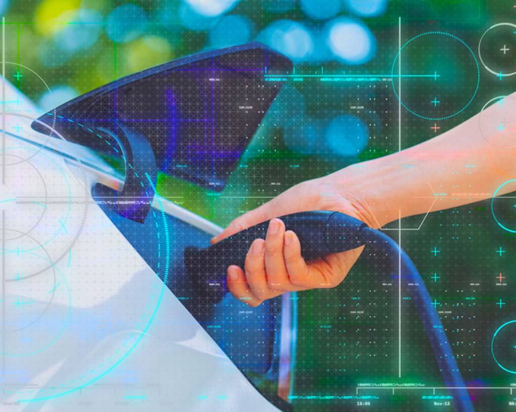 Hand plugging a charger into an electric vehicle, with overlay of digital graphics and blue-green background.